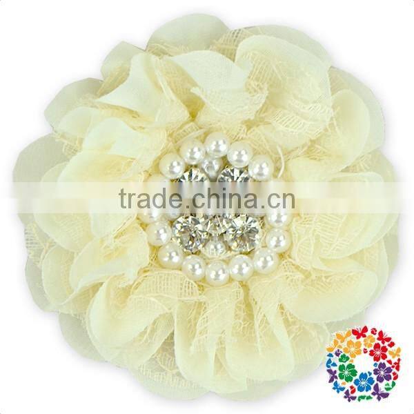 posh ivory cheap wholesale handmade rhinestone center lace fabric flower