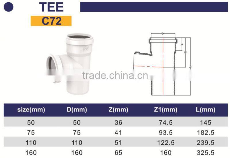 HIGH QUANLITY TEE WITH SOCKET OF PVC GB STANDARD EXPANDING FITTINGS FOR DRAINAGE WITH GASKET