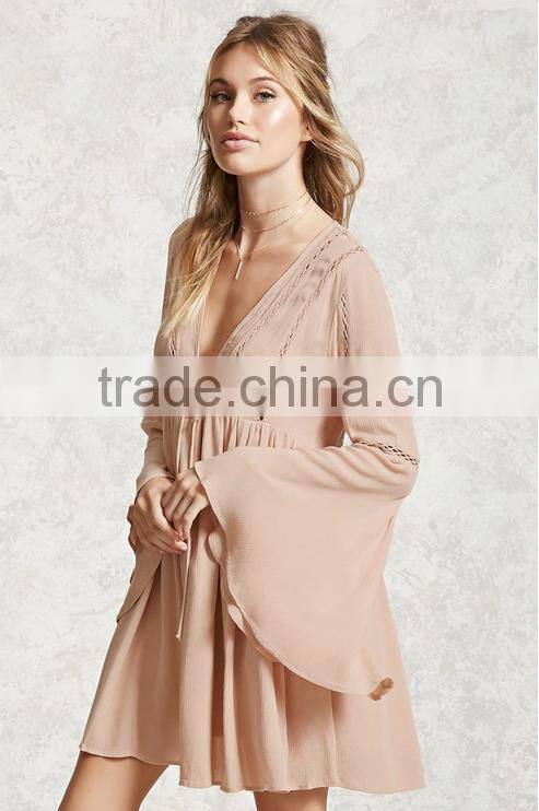 Fashion Long Bell Sleeve Chiffon Embroidery Summer Short Dress Women