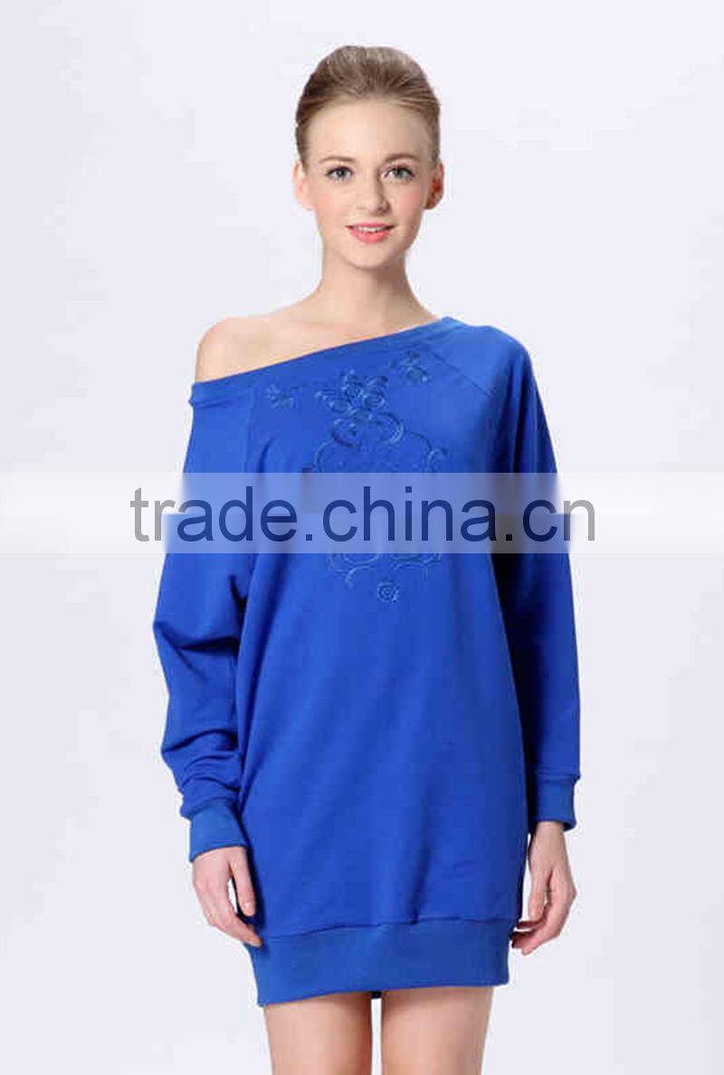 Custom nice embroidered french terry long sleeve casualone shoulder dress fashion for ladies
