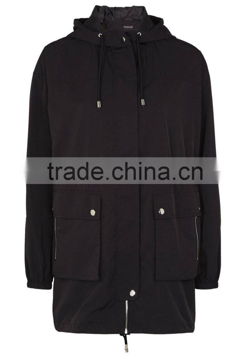 2015 OEM fashion zip through plain wind proof coat long jacket for women.