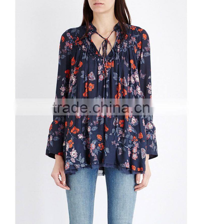 Wholesale Women Band Collar Long Sleeves Slit Cuffs Semi Sheer Floral Print Georgette Blouse(DQE0159T)