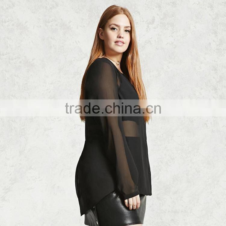 Kissmilk Plus Size Fashion Semi-sheer Women Blouse V-neck Long Sleeve Single Breasted Waistband Ladies Top for Wholesale