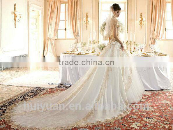 white champagne lace strapless ball gown cathedral/ royal train wedding dresses