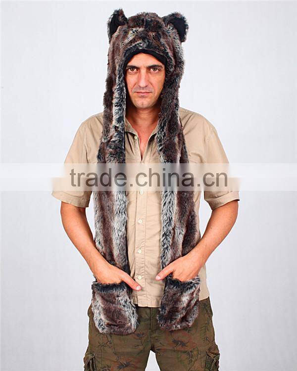 Fashion faux fur animal hooded scarf slouch beanie winter hat