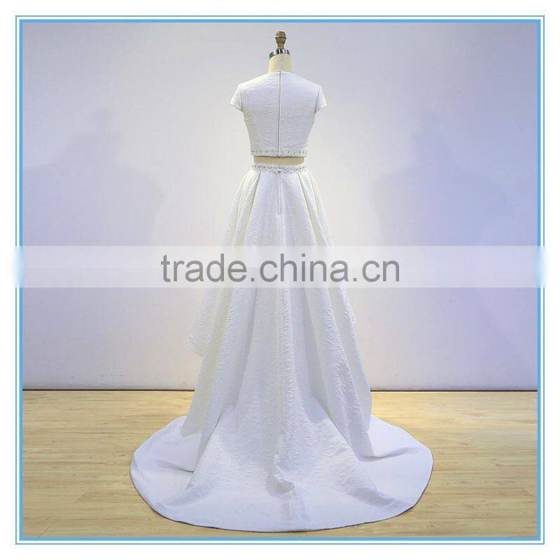 New design two piece front short back long trailing wedding dress