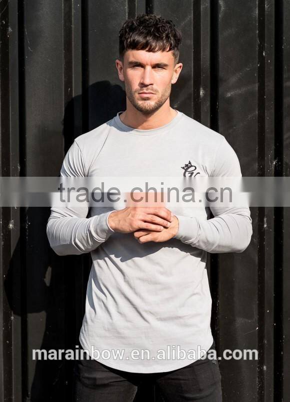 Streetwear Mens Slim Fit Long Sleeve T Shirt Top OEM Longline Curved Hem T Shirt Light weight 93% Cotton 7% Elastane Gym T Shirt