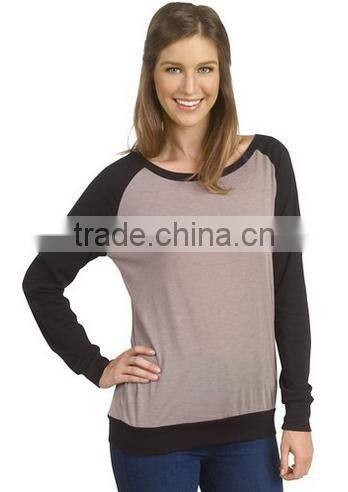 Factory Direct Wholesale Women's Cotton Poly Contrast Raglan Long Sleeve Pullover