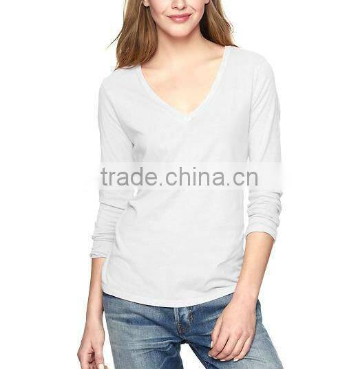 100% cotton womens deep v neck long sleeve t shirts