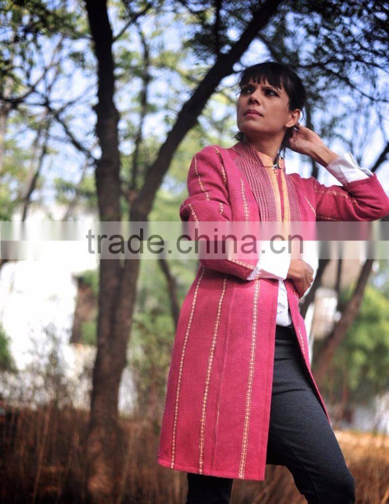 Vintage Kantha Long Jacket in Fuchsia & Gold ~ Extra Extra Large