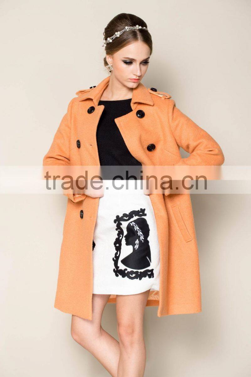 latest 2015 thick warm lovely pink women office coat with double breasted design