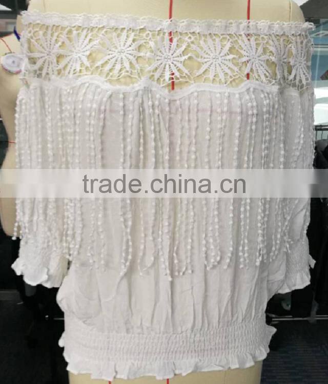 Latest fashion white color latest net designs lace 3/4 sleeve lady blouse for sale