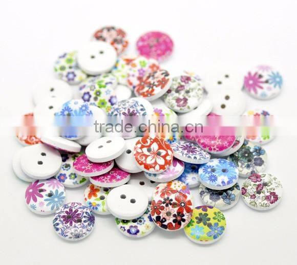 Mixed Multicolor Flower 2 Holes Round Wood Painting Sewing Buttons 15mm(5/8")