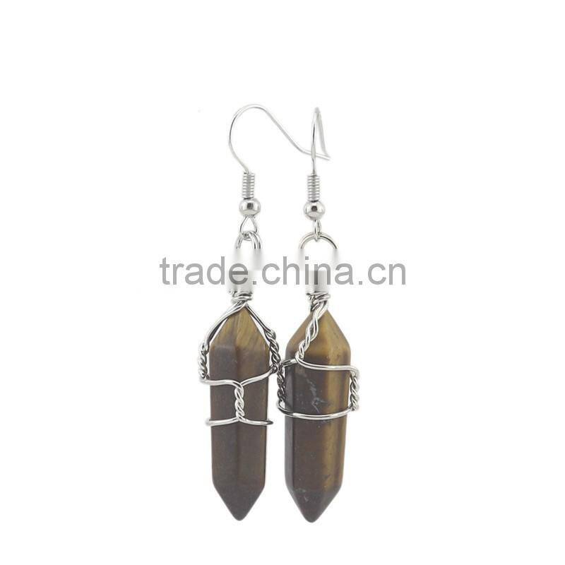 Silver Wire Wrapped Hexagon Prism Amethyst Natural Stone Drop Earrings
