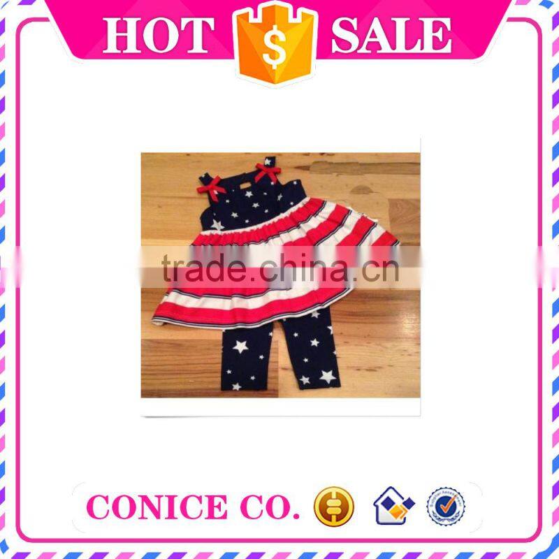 factory directly sale summer 2 piece sleeveless swing top & pants child cloths kids wear for 4th of july