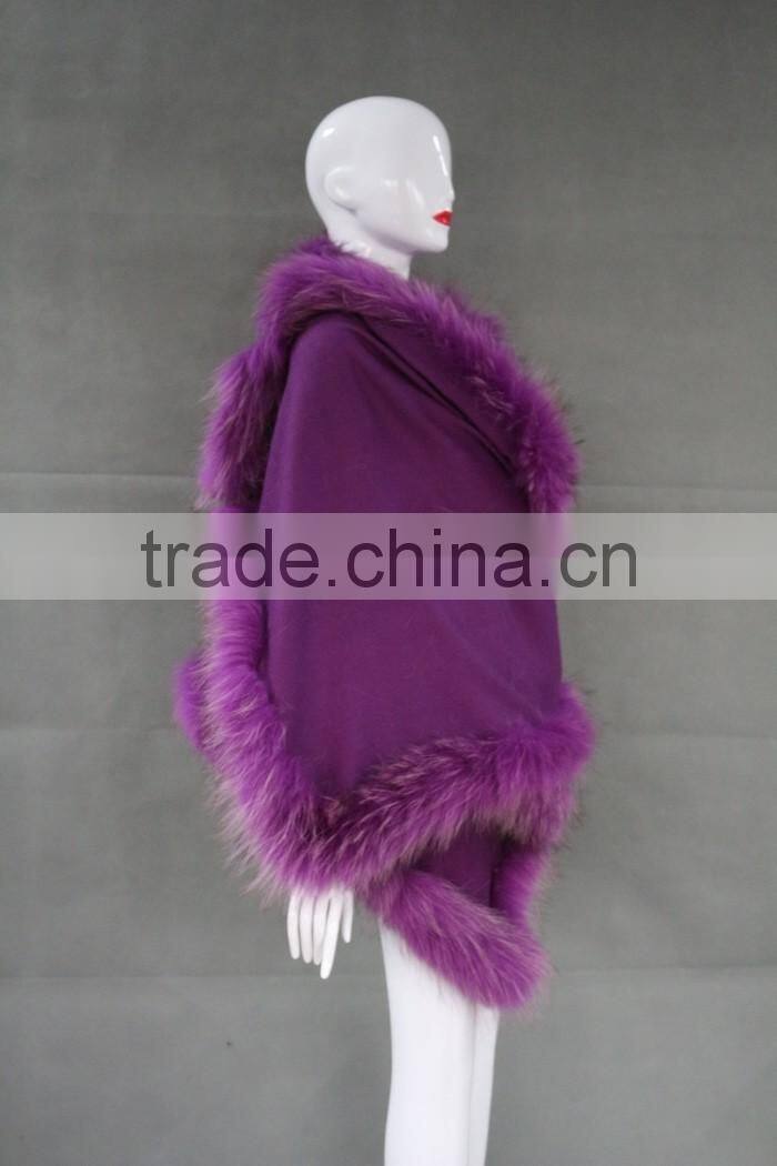 Wholesale Ladies Latest Cashmere Shawl & Fur Cape With Raccoon Fur Trims