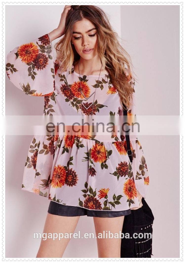 new style women oversized pink floral printed sexy chiffon blouse