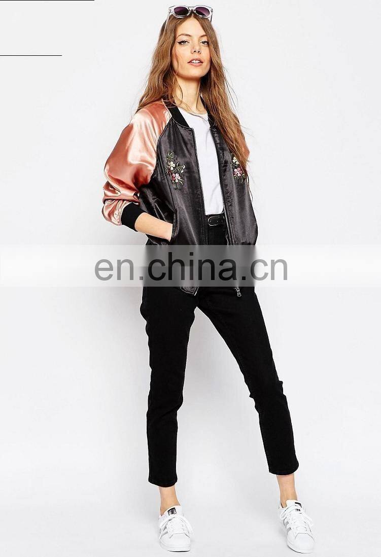 New design Women's Bomer Jacket Baseball Jacket flight Jacket with Folwer Embroidery