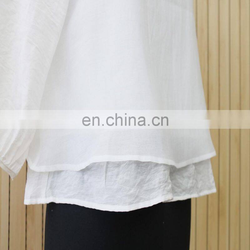 women hot sale flounce hem white 3/4 sleeve double layer blouse