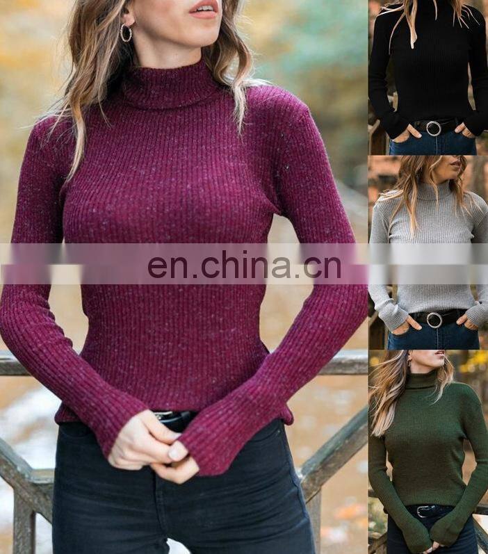 Wholesale Custom Autumn And Winter New Sweater Knit Ladies High Collar Long-Sleeved Slim Casual Women Solid Pullover Sweater