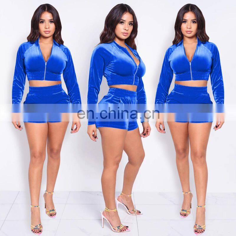 Clothing wholesale custom solid color long-sleeved shorts suit sexy casual two-piece plus size women's clothing