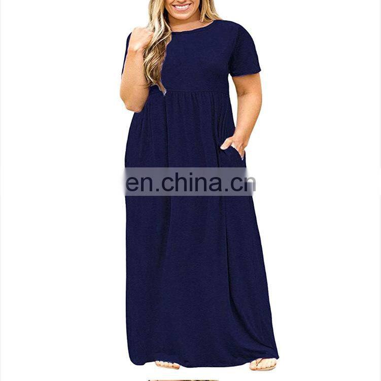 Custom women's clothing brand spring and summer solid color round neck dress foreign trade long skirt plus size women's clothing