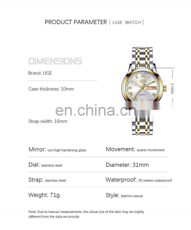 Lige 10007 New Stainless Steel Women Quartz Watch Waterproof Calendar Luxury Watches ladies Relogio Feminino