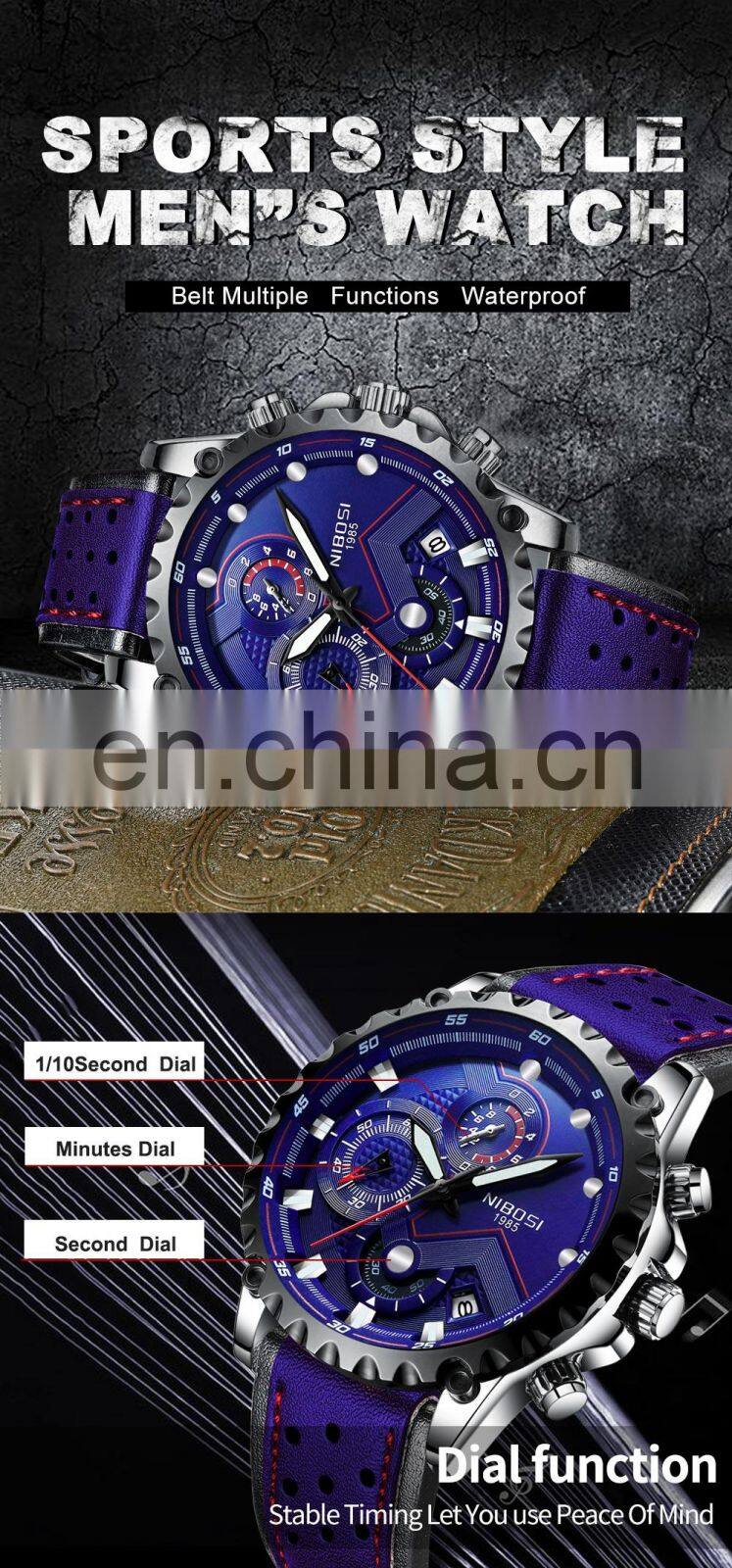 NIBOSI Quartz Watch Men Blue Casual Fashion Chronograph Mens Watches Top Brand Luxury Big Dial Watch Relogio Masculino