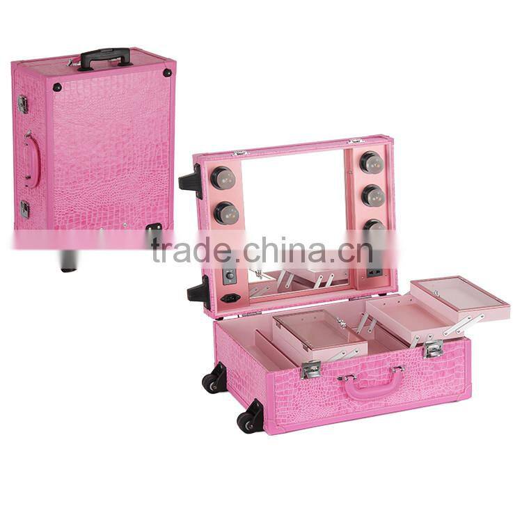 Fashional design pink lighted mirror cosmetic makeup beauty trolley carring case