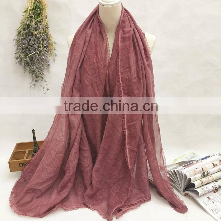 Wholesale Long Large Lace Brim Plain Cotton Linen Scarf Fashion Hijab 2016
