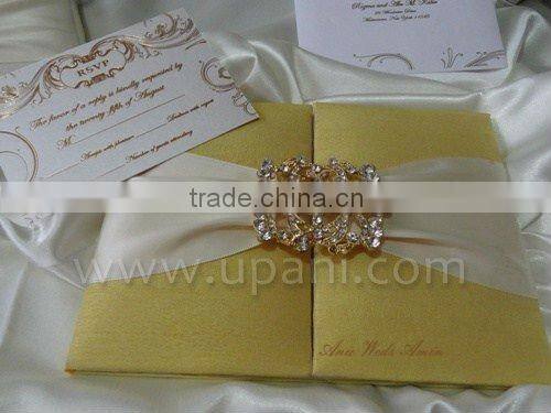 Ivory Silk Wedding Invitation card with rhinestone brooch and ribbon