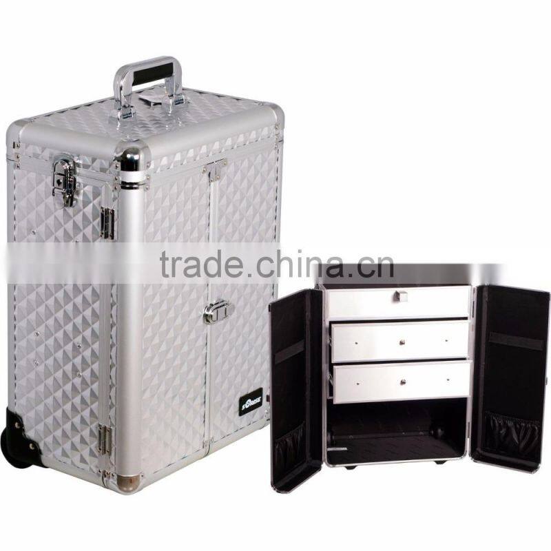 Aluminum Rolling Makeup Cosmetic Case with 2 Drawers