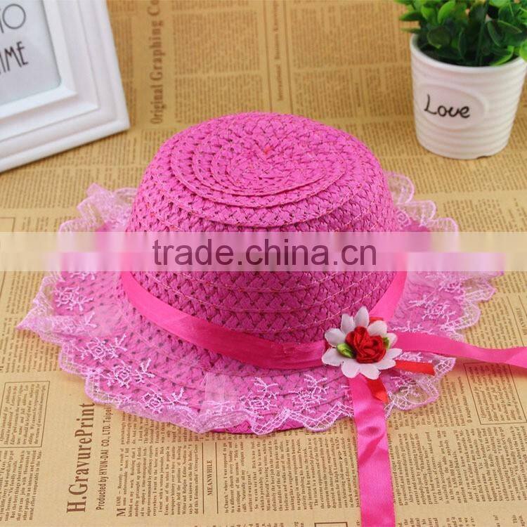 Cute Summer Child Girls Straw,Floppy Flower Beach Hat With Lace Embellishment