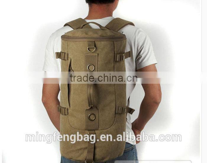 Men Vintage Canvas Leather Hiking Travel Cylinder Messenger Tote Bag Backpack