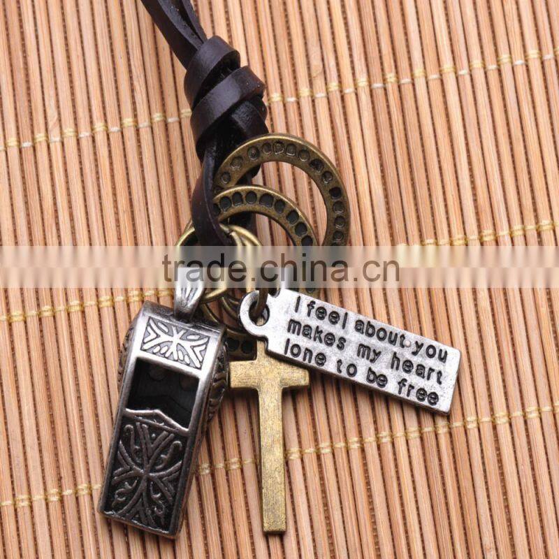 Vintage Genuine Leather Necklace with Antique Sliver Whistle Pendant.