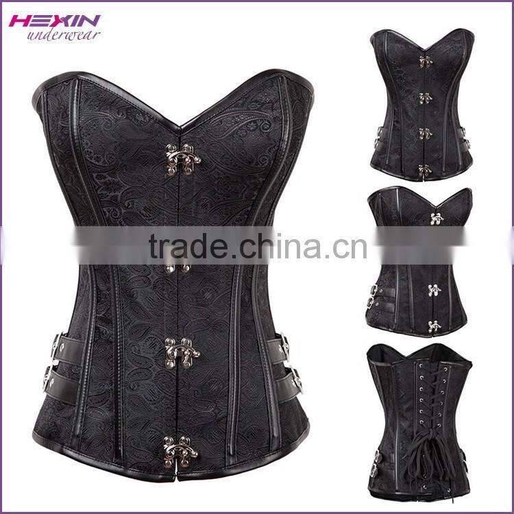 Black Brocade Boned Corset Top Metal Clasps Closure Cord Lace Up Back Body Shaper Women Basque Embroidery Corsets
