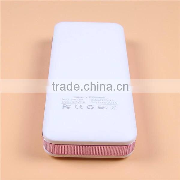 Factory Wholesale 12000mAh 3 USB Power Bank with Torch Light