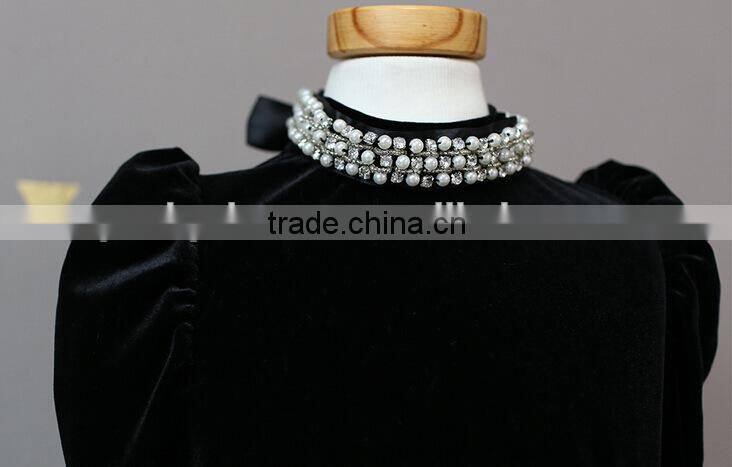 pearl neck long sleeves baby girls dresses velvet