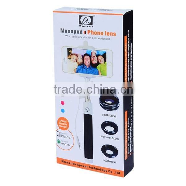 Apexel 4 in 1 set Selfie Stick with Cable 3.5mm and 3 in 1 Lens Wide Angle Macro lens Fisheye Lens for iPhone Samsung