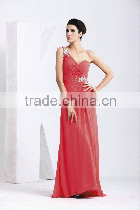 Sweetheart Ruffle Beaded One-shoulder Chiffon Ladies Party Wear Gown
