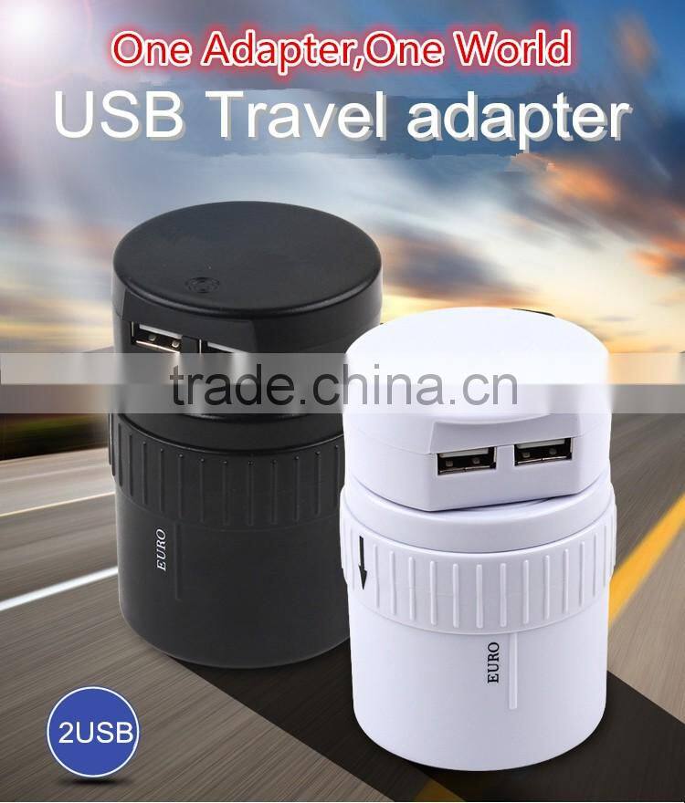 360-Degree Rotating 2 usb Universal Travel Adapter with Zipper Pouch Bag