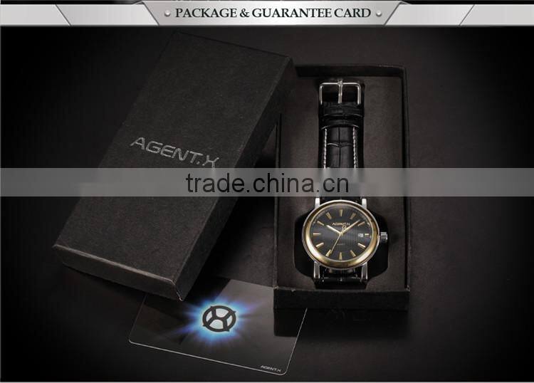 Golden Steel Case Black Dial Reloje Date Display Quartz Analog Leather Band Men Watch