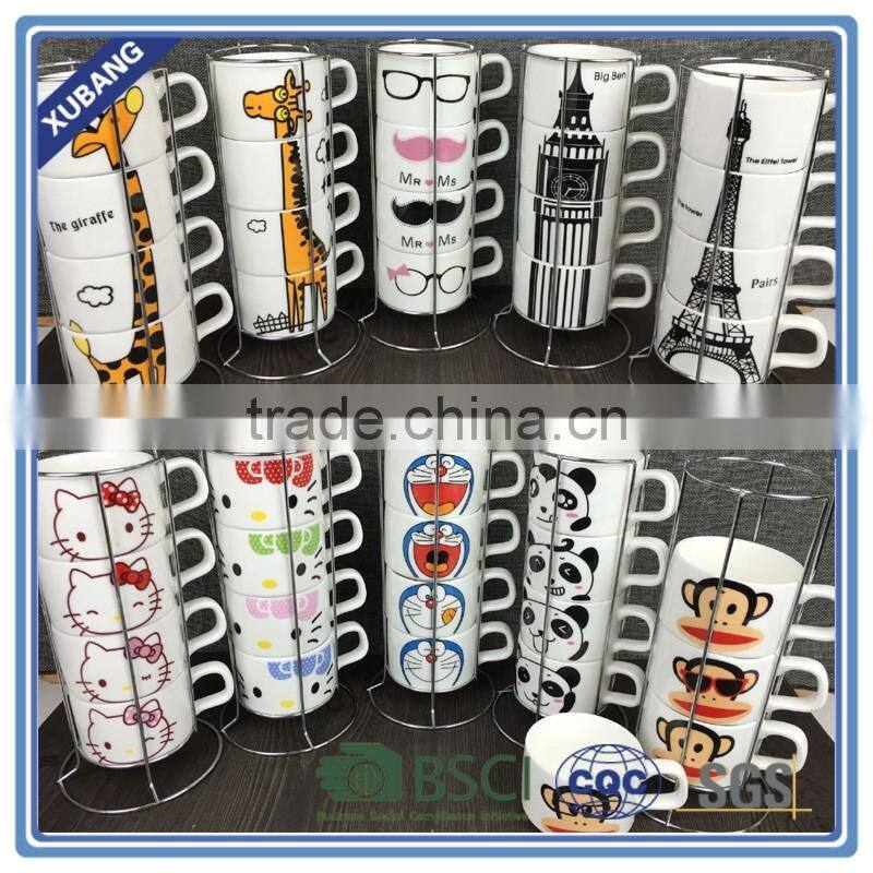 2016 New design Ceramic coffee cups set of 4pcs with metal rack for sale
