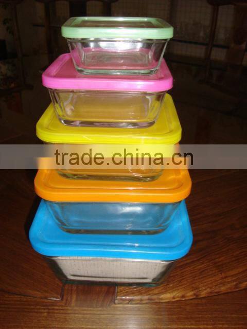 engraved square glass bowl set,high quality 5pcs glass bowl with lid,glassware set