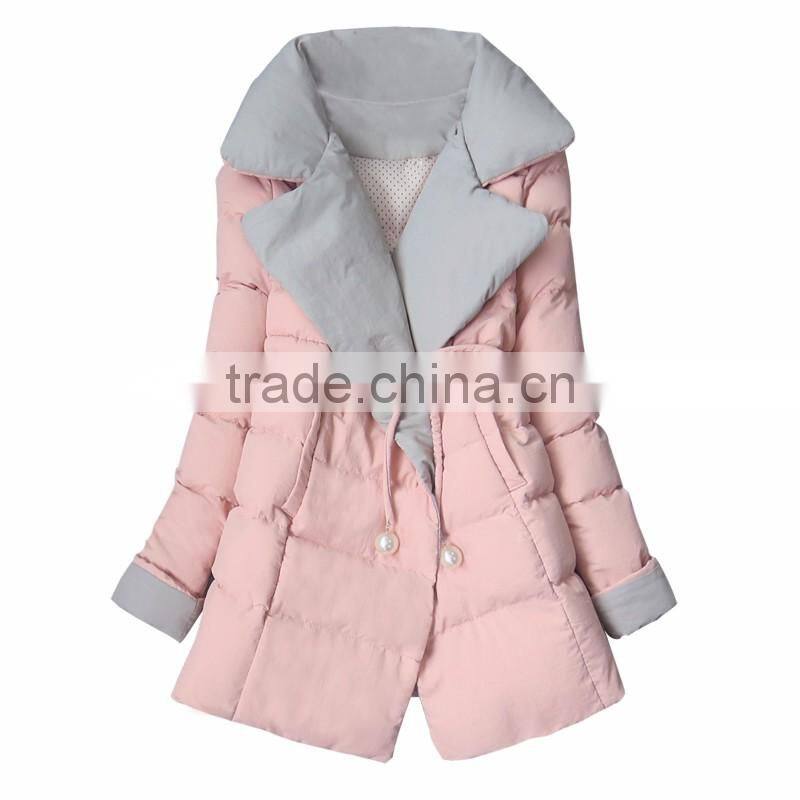 2016 customized manufacture fashionable korean style winter thick turn-down collar Medium style ladies coats with braid