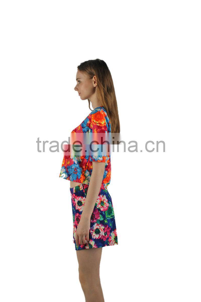 2015 New Fashion Ladies Printed Floral Crop Top Set