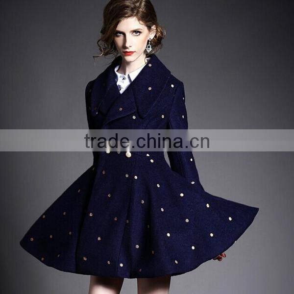 Women European Style Polka Dot Long Sleeve Tailored Collar Slim and Flare mid-long winter worsted coat