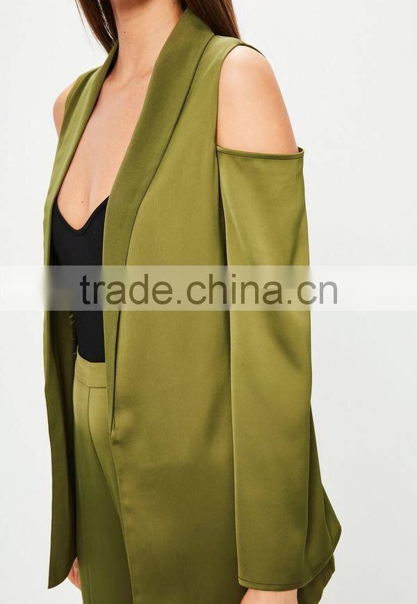 Picture of office ladies cold shoulder tie waist satin blazer green two piece sets for office ladies