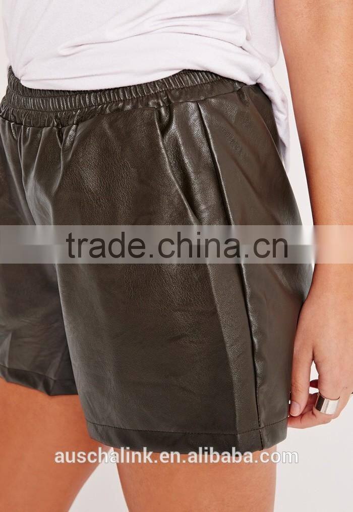 custom ladies khaki elasticated waist faux leather shorts