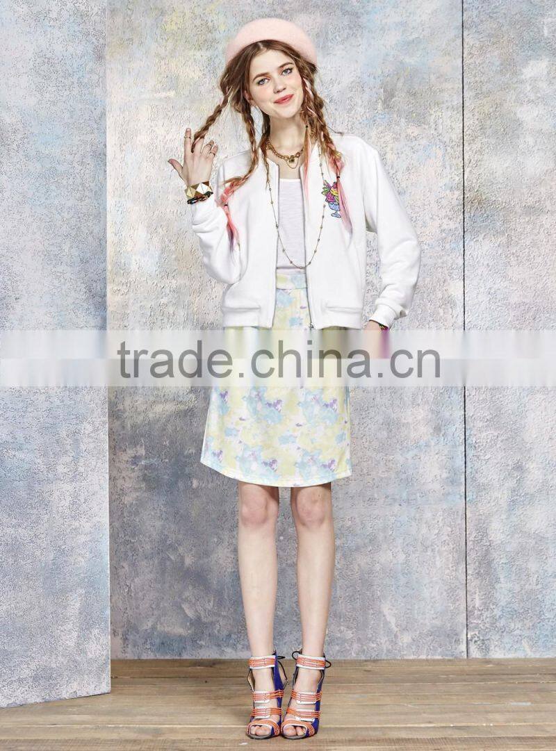 slim fit fancy printed custom white bomber baseball jacket for women